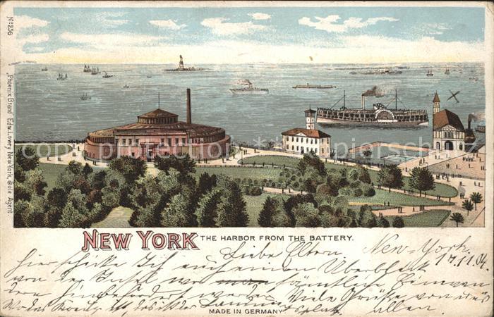 New York City The Harbor from the Battery Wasserraddampfer Litho