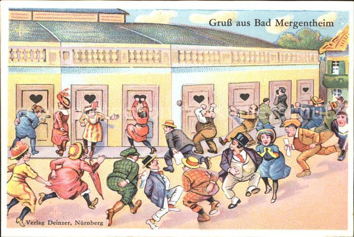 Bad Mergentheim Kuenstlerkarte Komik Sturm auf Toiletten