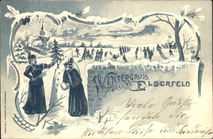 Elberfeld Schneemann Eislaufen Litho