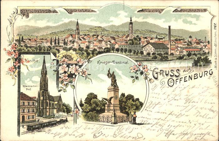 Offenburg Krieger-Denkmal Rheinischer Hof Kirche Litho