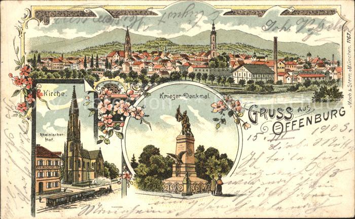 Offenburg Rheinischer Hof Kirche Krieger-Denkmal Litho