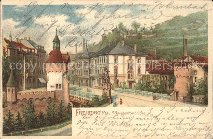 Freiburg Breisgau Schwabentorbruecke Litho Bahnpost