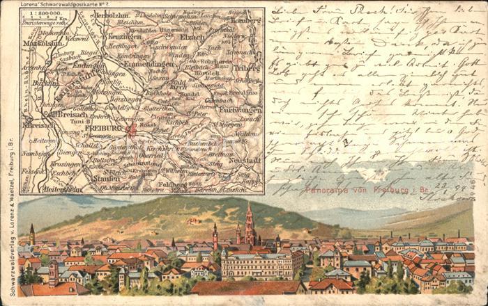 Freiburg Breisgau Landkarte Litho