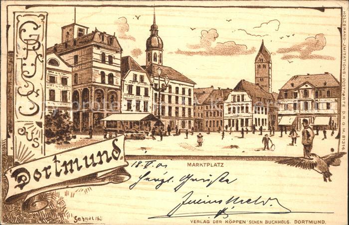 Dortmund Marktplatz Holzbrand-Imitation-Postkarte