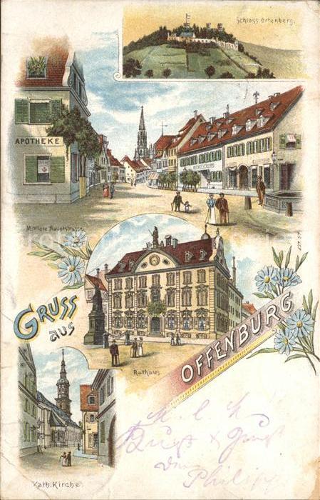 Offenburg Mittlere Hauptstrasse Apotheke Rathaus Litho Bahnpost