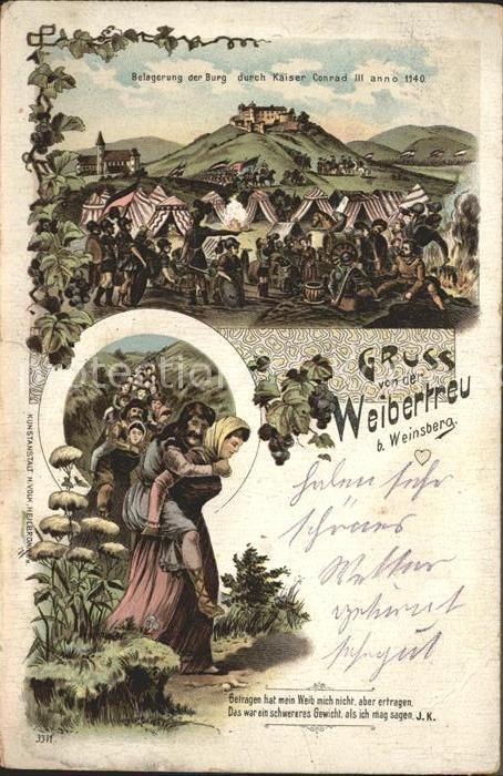 Weinsberg Weibertreu Belagerung der Burg Kaiser Conrad III Litho