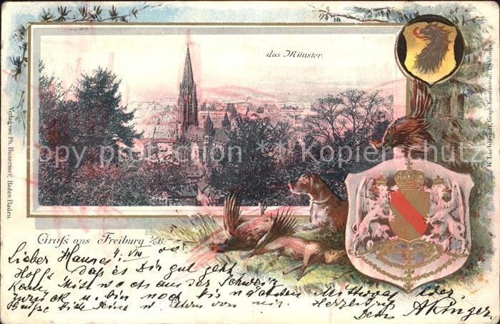 Freiburg Breisgau Wappen Muenster Jagd Reh Auerhahn Jagdhund Litho