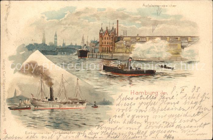 Hamburg Apfelsinenspeicher Tankdampfer Litho