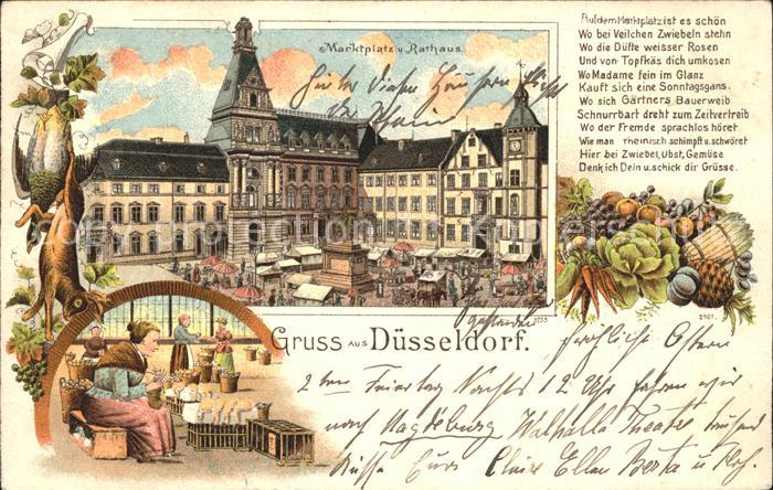 Duesseldorf Marktplatz Rathaus Gedicht Gemuese Hase Obst Litho