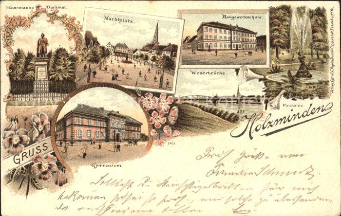 Holzminden Weser Marktplatz Baugewerkschule Gymnasium Haarmans-Denkmal Litho
