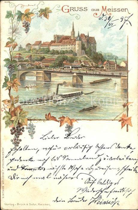 Meissen Elbe Sachsen Seitenraddampfer Bruecke Trauben Litho