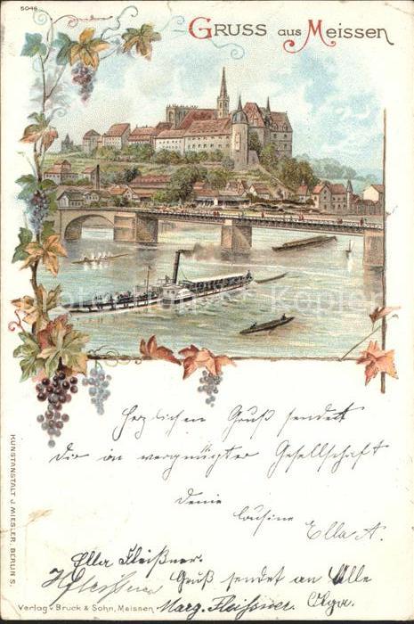 Meissen Elbe Sachsen Dampfer Litho Trauben