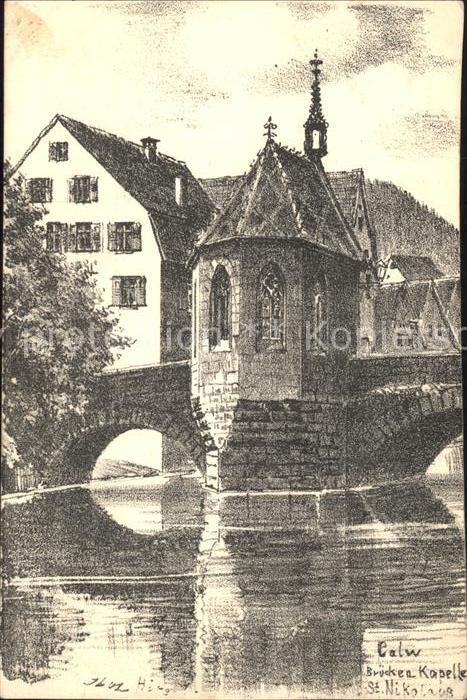 Calw Brueckenkapelle St Nikolaus Zeichnung Kuenstler J. Luz