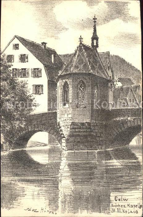 Calw Brueckenkapelle St Nikolaus Zeichnung Kuenstler J. Luz