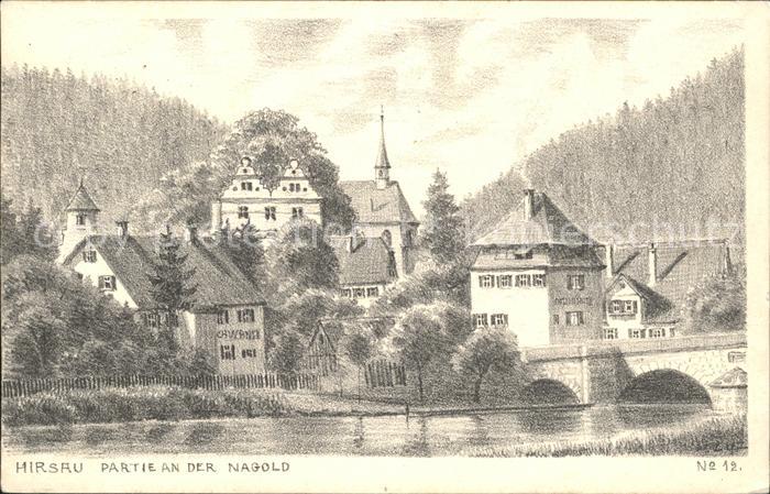 Hirsau Partie an der Nagold Bruecke Zeichnung Kuenstler J. Luz
