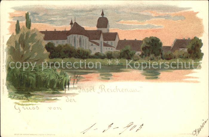 Insel Reichenau Ansicht vom See aus Kirche Kuenstlerkarte Huebsch Reichspost