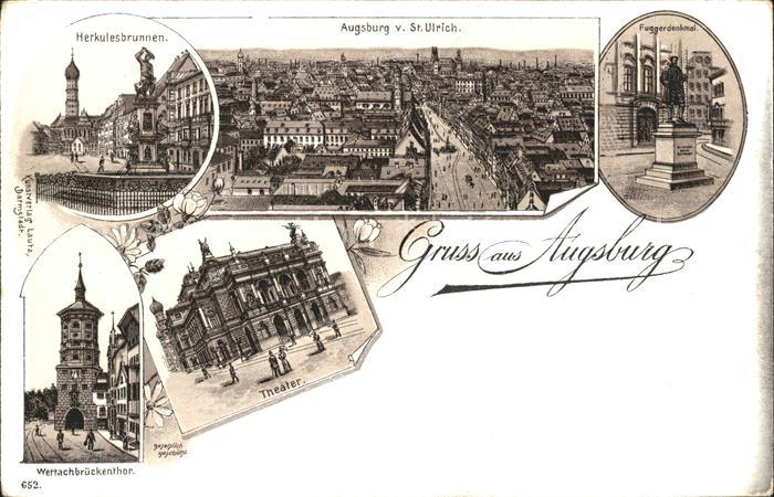 Augsburg Herkulesbrunnen Blick von St Ulrich Fuggerdenkmal Wertachbrueckentor Th