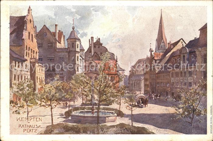 Kempten Allgaeu Rathausplatz Brunnen Planwagen Kuenstlerkarte