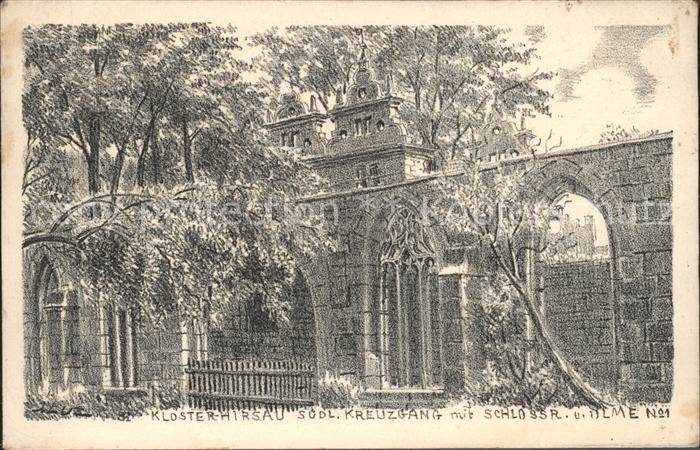 Hirsau Kloster Kreuzgang mit Schlossruine Ulme Steinzeichnung Kuenstler J. Luz S