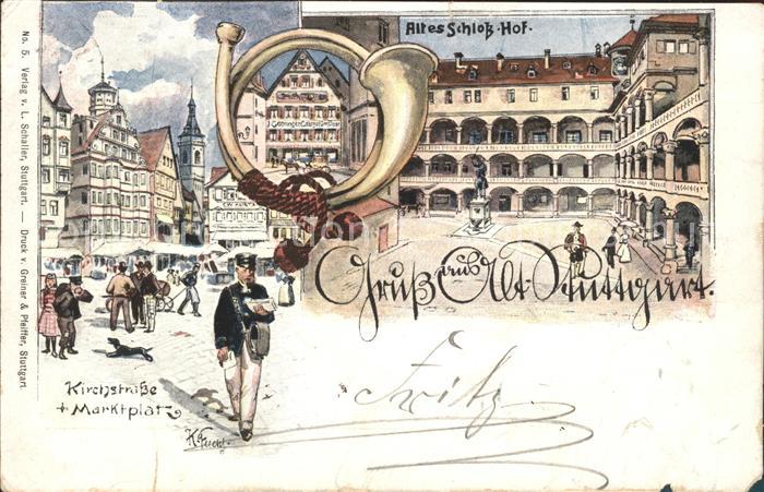 Alt Stuttgart Kirchstrasse Marktplatz Altes Schloss Hof Horn Instrument