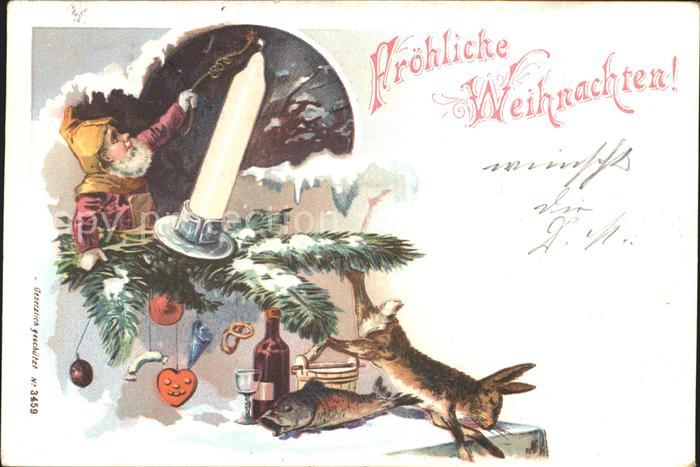 Zwerge Dwarfs Nains Weihnachten Kerze Hase Fisch Wein Litho
