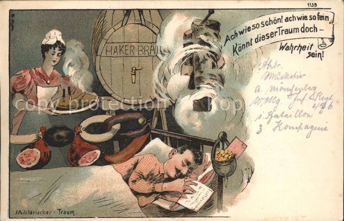 Militaria WK1 Traum Bier Wurst Haehnchen Schinken Litho