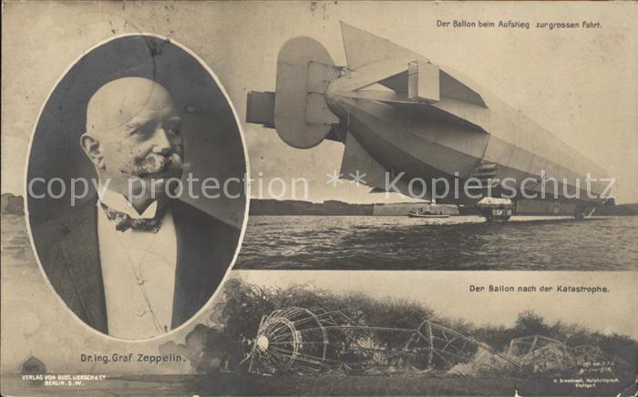 Zeppelin Graf Ballon beim Aufstieg und nach der Katastrophe