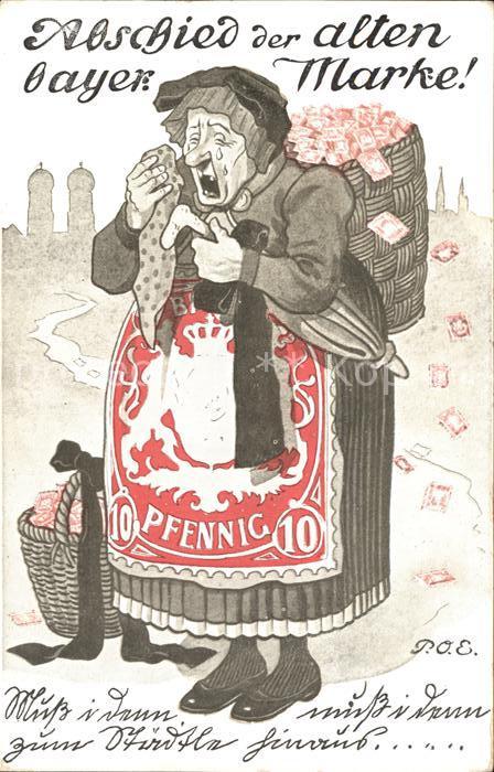 Briefmarken auf Postkarte Abschied Bayerischen Marke Frau Traenen weinen