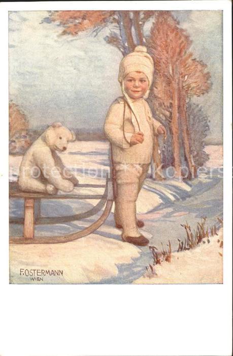 Ostermann F. Nr. 528-3 Schlitten Teddybär Kind Winte
