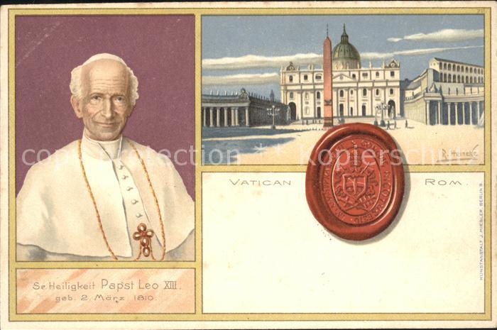 Papst Leo XIII Vatikan Rom Siegel Kuenstlerkatze R. Heineke Litho