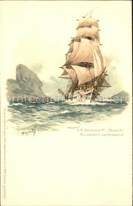 Segelschiffe S.M. Schulschiff Stosch Rio Janeiro verlassend Litho