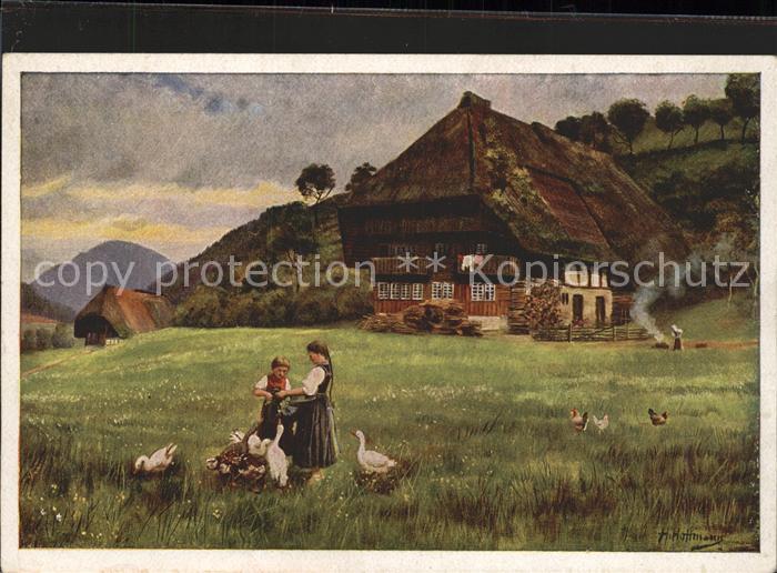 Hoffmann Heinrich Auf sonniger Hoehe Schwarzwaldhaus Kinder Gaense Huehner