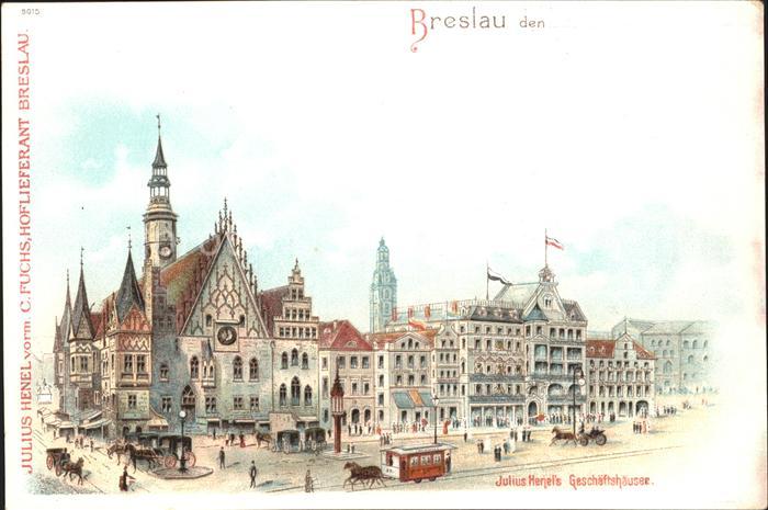 Breslau Niederschlesien Geschaeftshaeuser Strassenbahn Kuenstlerkarte