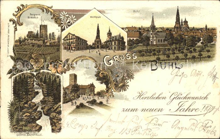 Buehl Baden Marktplatz Burgruine Alt-Windeck Gertelbachfaelle Yburg Litho