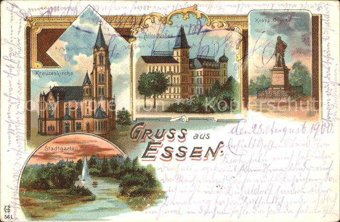 Essen Ruhr Kreuzeskirche Krupp-Denkmal Alfredusbad Litho Bahnpost-Stempel