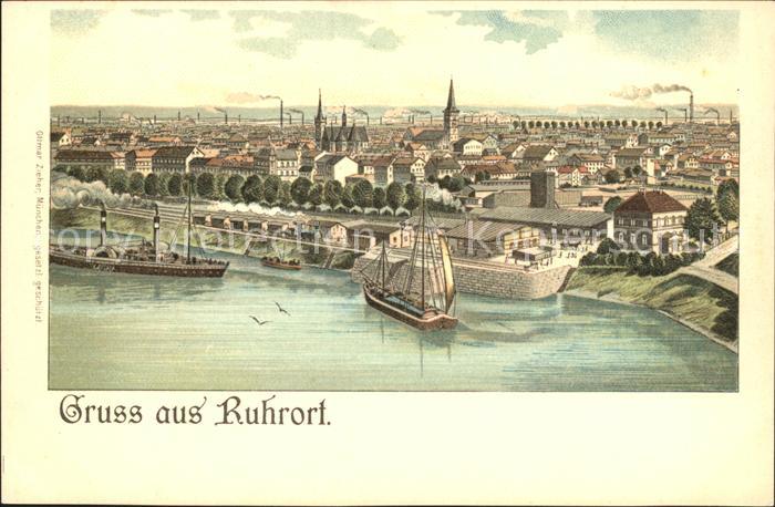 Duisburg Ruhr Hafen Dampfer Segelschiff Litho