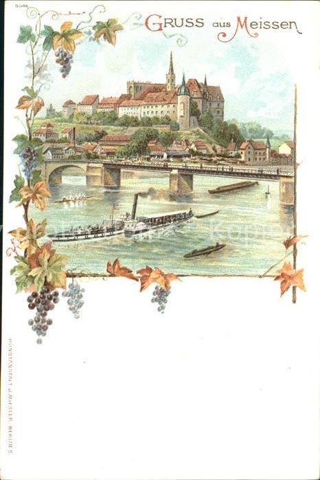 Meissen Elbe Sachsen Seitenraddampfer Bruecke Litho