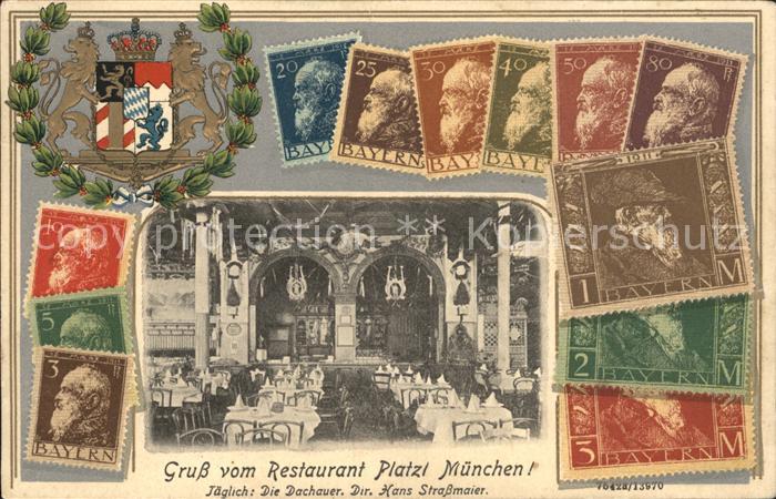 Briefmarken auf Postkarte Bayern Restaurant Platzl Muenchen Wappen