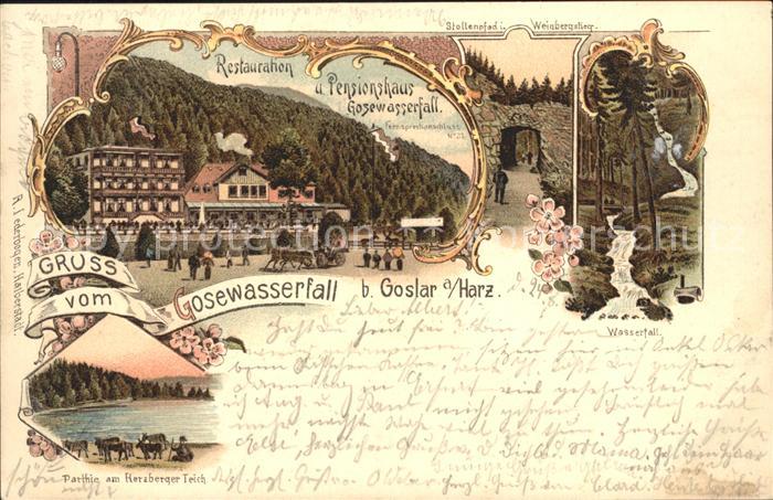 Goslar Gosewasserfall Restauration-Pensionshaus Herzberger Teich Litho