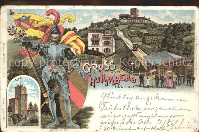 Durlach Turmberg Markgraf Karl Litho Bahnpost-Stempel