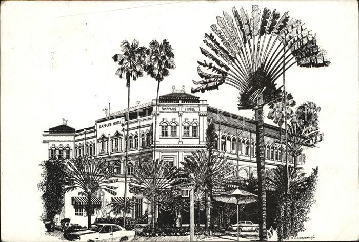 Singapore Raffles Hotel Zeichnung Künstlerkarte