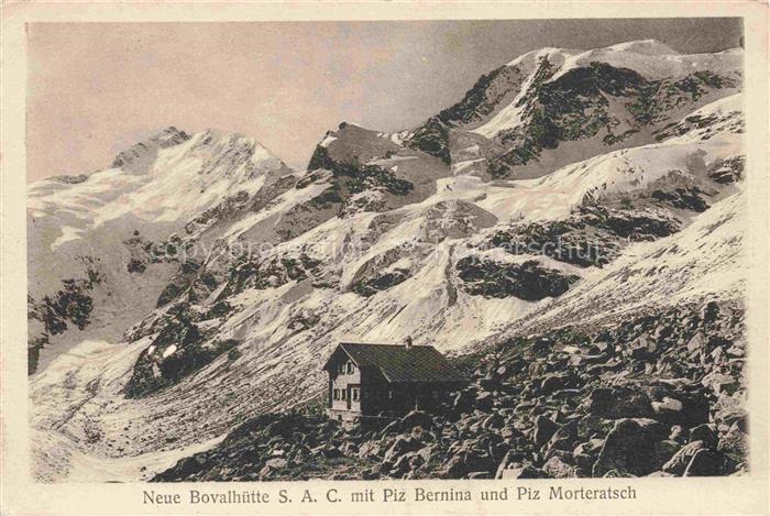 Neue Bovalhuette SAC 2495m Morteratsch GR mit Piz Bernina