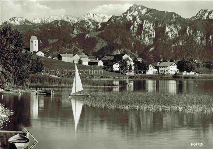 Hopfen See Fuessen Bayern Panorama Hochplatte Branderschrofen und Hoher Straussb