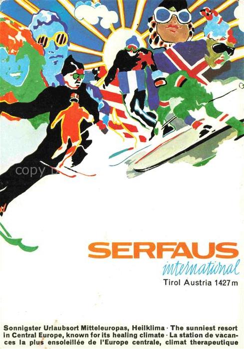 Serfaus Tirol Wintersportplatz Kuenstlerkarte Skifahrer