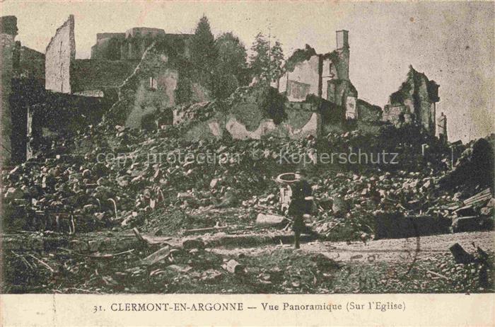 Clermont-en-Argonne VERDUN 55 Meuse Vue panoramique sur l'église Ruines Grande G