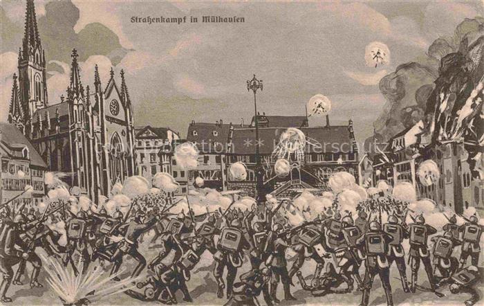 MULHOUSE Muehlhausen 68 Haut-Rhin Strassenkampf Kuenstlerkarte