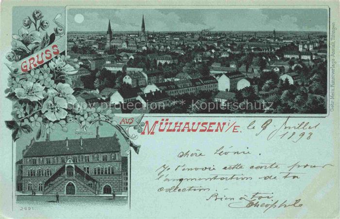 Muelhausen Elsass Stadtpanorama im Mondschein Rathaus Litho
