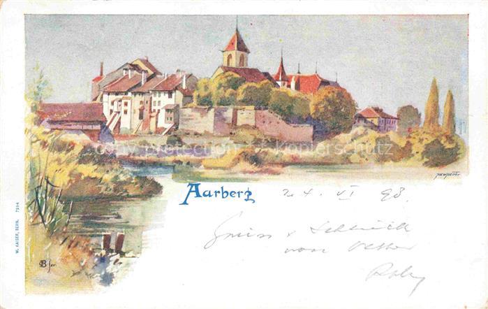 Aarberg BE Ansicht mit Kirche Kuenstlerkarte
