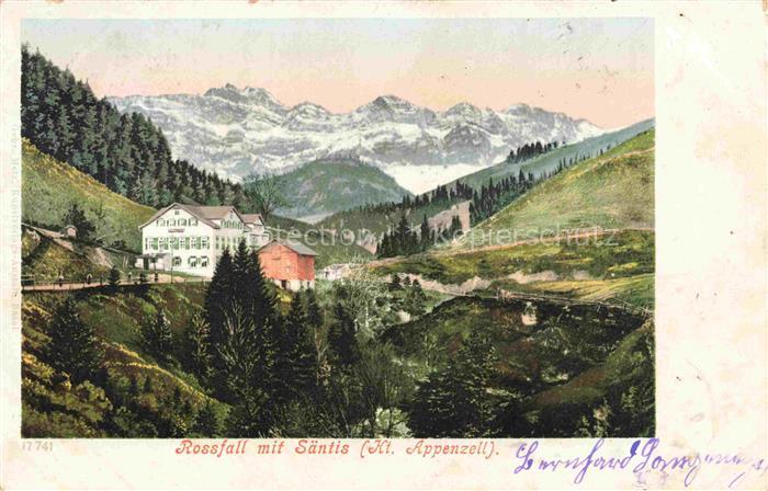 Rossfall-Urnaesch Appenzell AR Panorama Gasthaus Blick gegen Saentiskette Appenz