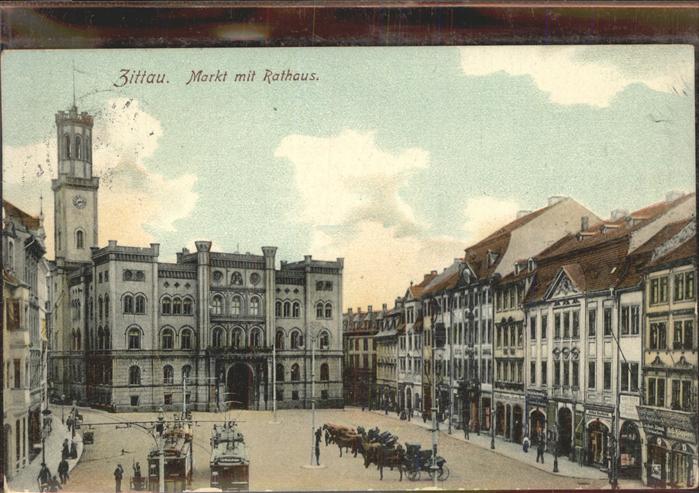Zittau Markt mit Rathaus Strassenbahn Pferdewa